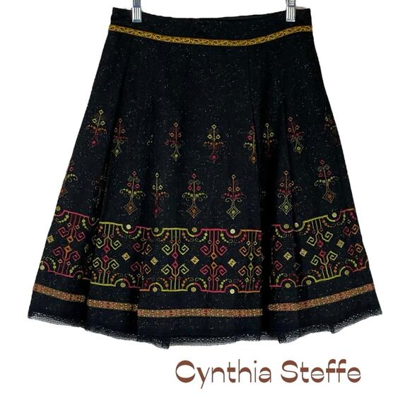 Cynthia Steffe Black Embroidered Wool Silk Blend Lace Pleated Skirt NWOT Size M - Picture 1 of 12